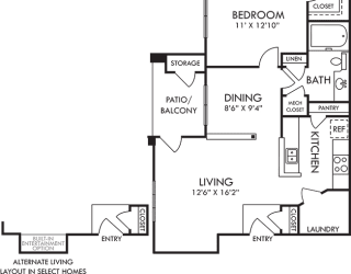 Allegro. 1 bedroom apartment. Kitchen with bartop open to living/dinning rooms. 1 full bathroom. Walk-in closet. Patio/balcony. Alternate Living Room layout with bump out and optional built-in entertainment shelves.